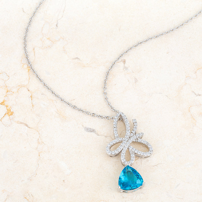 Claudia 2.3ct Aqua CZ White Gold Rhodium Butterfly Drop Necklace